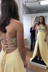 Cute Chiffon A-line V-neck Spaghetti Straps Slit Long Prom Dresses Cross Back Beading Party Dresses